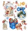 Watercolor set if gift boxes, snow ball, cakes, candles