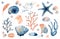 Watercolor set of isolated objects drawing blue and pink seashell, starfish and corals