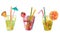 Watercolor set of lemonades. Several soft drinks in a glass with a straw