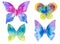 Watercolor set of multicolored butterflies isolated on the white background.