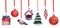 Watercolor set of ornaments for Christmas tree hanging on red ribbons. Thematic glass toys on white backdrop: balls