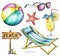 Watercolor set with pointer, ball, starfish, sunglasses, cocktail and lounger