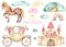 Watercolor set with princess castle, carriage, horse, hill, clouds, rainbow