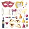 Watercolor set of Purim symbols elements, Jewish holiday party designs: masks, hamantaschen, Esther scroll, kosher wine