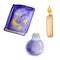 Watercolor set purple magic book potion and candle