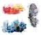 Watercolor set with red, blue and grey splash and gold glitter on white background. The color splashing in the paper