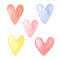 Watercolor set of red,pink,yellow, lilac hearts. Watercolour illustration for Valentine`s Day with a symbol of love