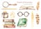 Watercolor set School of Magic with books, pen, inkwell, magnifying glass, glasses, candle, pencil