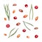 Watercolor set of sea buckthorn, cowberries, star anise grains and pine needles isolated on white background. Botanical