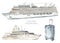 Watercolor set of sea cruise with cruise ship, yacht, travel suitcase