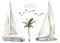 Watercolor set of sea cruise with yacht and catamaran, palm tree, seagulls