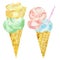 Watercolor set of soft ice cream in waffle cone. Summer colorfull dessert