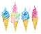 Watercolor set of sot ice cream in waffle cone. Summer yammy dessert