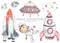 Watercolor set Space adventure with flying saucer, Shuttle, astronaut, young astronaut, boy, rocket, meteorite, UFO