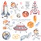 Watercolor set Space adventure with planets of the solar system, little astronauts, rocket, flying saucer, alien, shuttle, earth,
