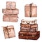 Watercolor set of stack of suitcases and craft present boxes