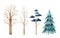 Watercolor set with stylized trees: fir-tree, pine, bare foliar trees