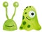 Watercolor set of three cute cartoon green aliens ufo character with antennae