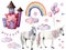 Watercolor set with unicorns and fairy tale decor. Hand painted magic horses, castle, rainbow, clouds, stars and air