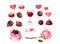 Watercolor set for Valentine day. Strawberry in chocolate, candies, pink rose flower, cake, wine glass, hearts