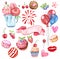 Watercolor set for Valentines day, birthday. Hand drawn red kiss, lips, hearts, air balloon, salute, sweet desserts, fruits