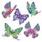 Watercolor set of vintage colorful butterflies