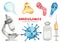 Watercolor set with viruses and bacteria, coronavirus, microscope, syringe