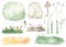 Watercolor set with watercolor green, gray backgrounds, green grass, meadow, mushroom, spores, buds