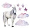 Watercolor set with white unicorn. Hand painted magic horse, clouds and stars isolated on white background. Fairytale