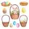 Watercolor set of wicker Easter baskets and nests with eggs