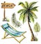 Watercolor set with wooden pointer, branches, palm tree and beach lounger