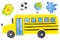Watercolor set of yellow school bus and globe, ink blot, soccer ball and sandwich isolated on whie background
