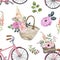 Watercolor shabby chic style pattern with floral bicycle and pretty pink flowers. Cute botanical garden print