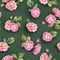Watercolor shabby seamless pattern. Pink rose with leaves on dark background