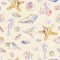 Watercolor shell pattern of seashells, corals and seahorse