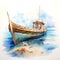 A watercolor of a shipwrecked boat with a wooden keel, half submerged in the seabed among shells and molluscs