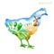 Watercolor silhouette of a chicken with a countryside