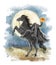 Watercolor silhouette of eadless horseman with halloween pumpkin and moon