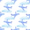 Watercolor silhouettes of airplanes seamless pattern. transport, travel, flights