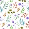 Watercolor simple spring and summer purple flowers and green branches seamless pattern