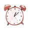 Watercolor sketch of brown round alarm clock showing seven minutes past twelve. Classical table clock with ringing bells