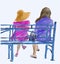 Watercolor sketch of casual citizens sitting on blue park bench for resting on summer day