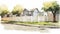 Watercolor Sketch Of A House With White Fence - American Urbanism Illustration