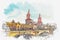 A watercolor sketch or an illustration. The architecture of Berlin. View of the bridge over the river