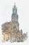 A watercolor sketch or illustration. Court Catholic Cathedral of Dresden in the town square. Germany.