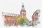 Watercolor sketch or illustration of the Dome Cathedral in Riga in Latvia.