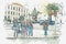 A watercolor sketch or illustration. Pedestrians cross street in Lisbon.