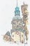 A watercolor sketch or illustration. Tower of Gaussmann in Dresden in Germany