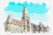 A watercolor sketch or illustration. Town Hall Marienplatz in the central square of Munich.