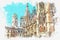 A watercolor sketch or illustration. Town Hall Marienplatz in the central square of Munich.